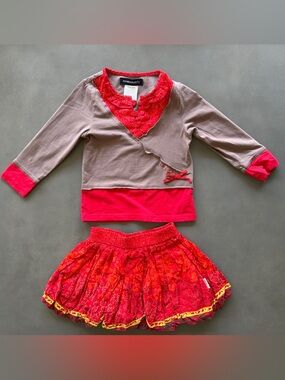Jean Bourget Girls Taupe and Red Layered Top W/ Floral Red Skirt 23 Months